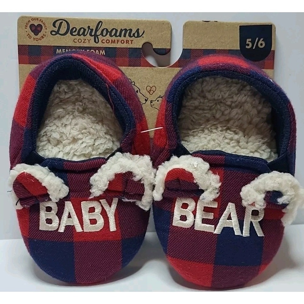 Dearfoams Baby Bear Plaid Christmas Bootie Slippers 5-6‎ Sherpa Lined